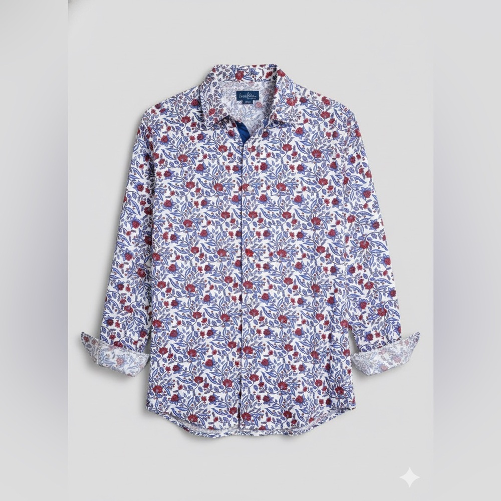 HAIKU COLLECTIVE Men’s Boho Botanical Print Button Up Shirt Floral Blue Maroon